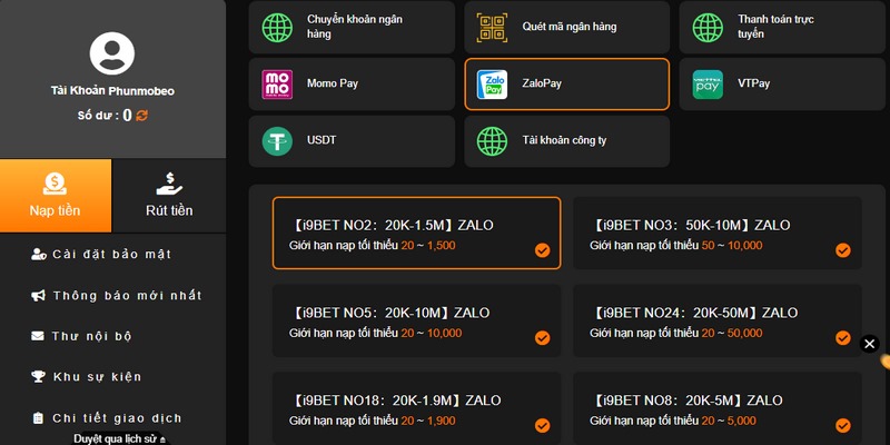 Bạn còn có thể chọn nạp qua zalopay
